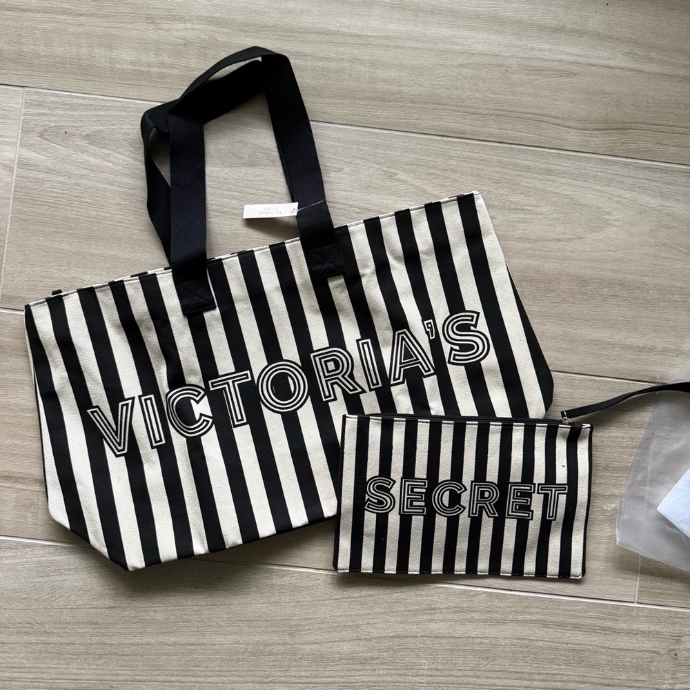 Victoria's Secret Black and White Striped Tote Bag/Makeup Bag Set